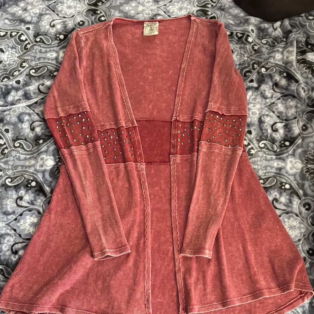 Vocal Red Knit Cardigan with Horizontal Design
